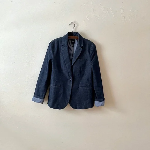 Gap Navy Blue Denim Pinstripe Lined Single Button Collared Fit & Darted Blazer 8 - Picture 1 of 12